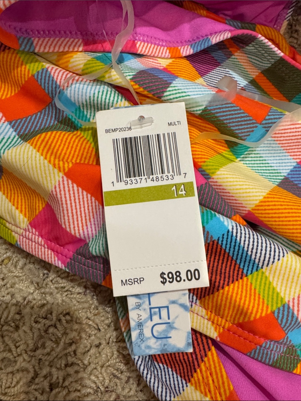 Colorful Plaid One-Piece Swimsuit with Pink Lining - Picture 4 of 4